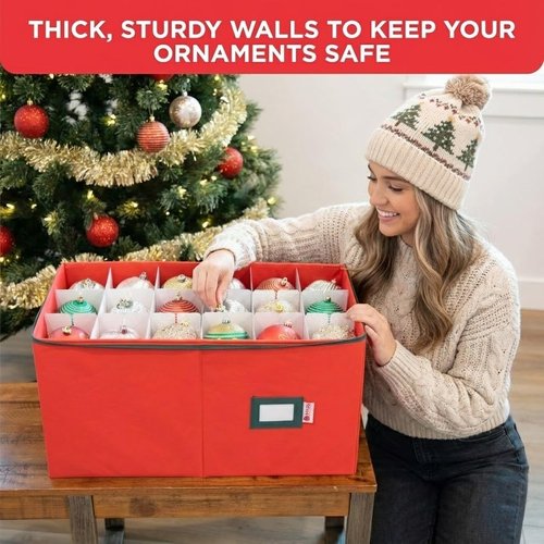 Christmas Ornament Storage Container - Large Red Organizer Bin with Dividers for 54 Ornaments