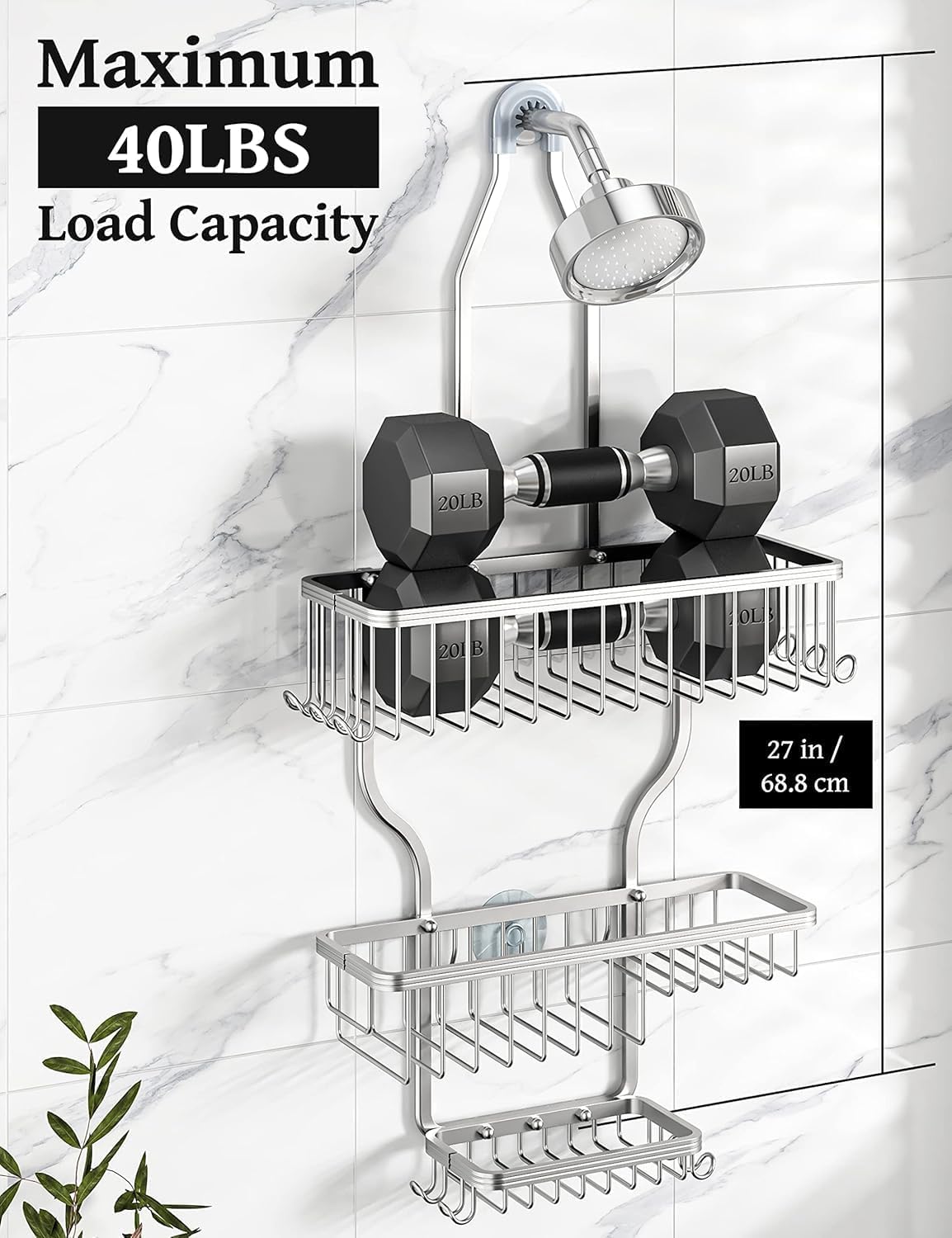 YASONIC Shower Caddy - Rust-Proof Aluminum Organizer with 10 Hooks & Soap Basket - Silver