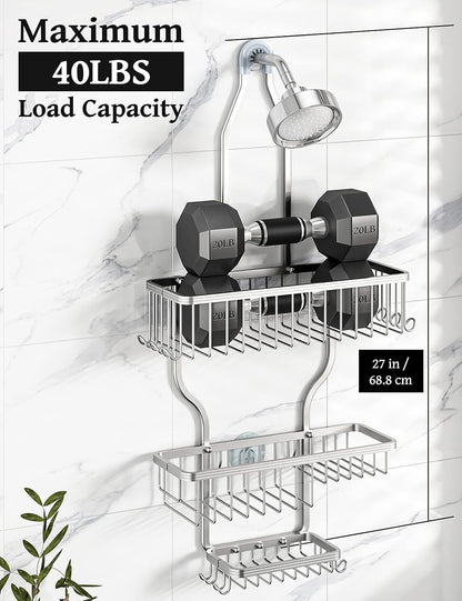 YASONIC Shower Caddy - Rust-Proof Aluminum Organizer with 10 Hooks & Soap Basket - Silver