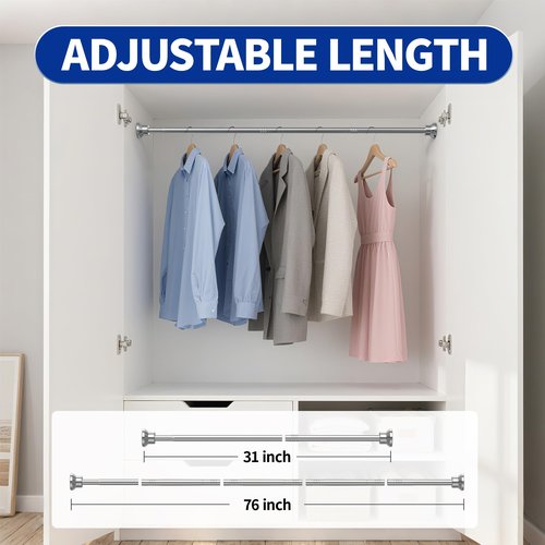 Chrsouly Shower Curtain Rod, 31-76 Inch Adjustable Tension Shower Rod, 1" Diameter Heavy Duty Rust-proof Tension Curtain Rods for Bathroom, Non Slip, No Drilling, Silver