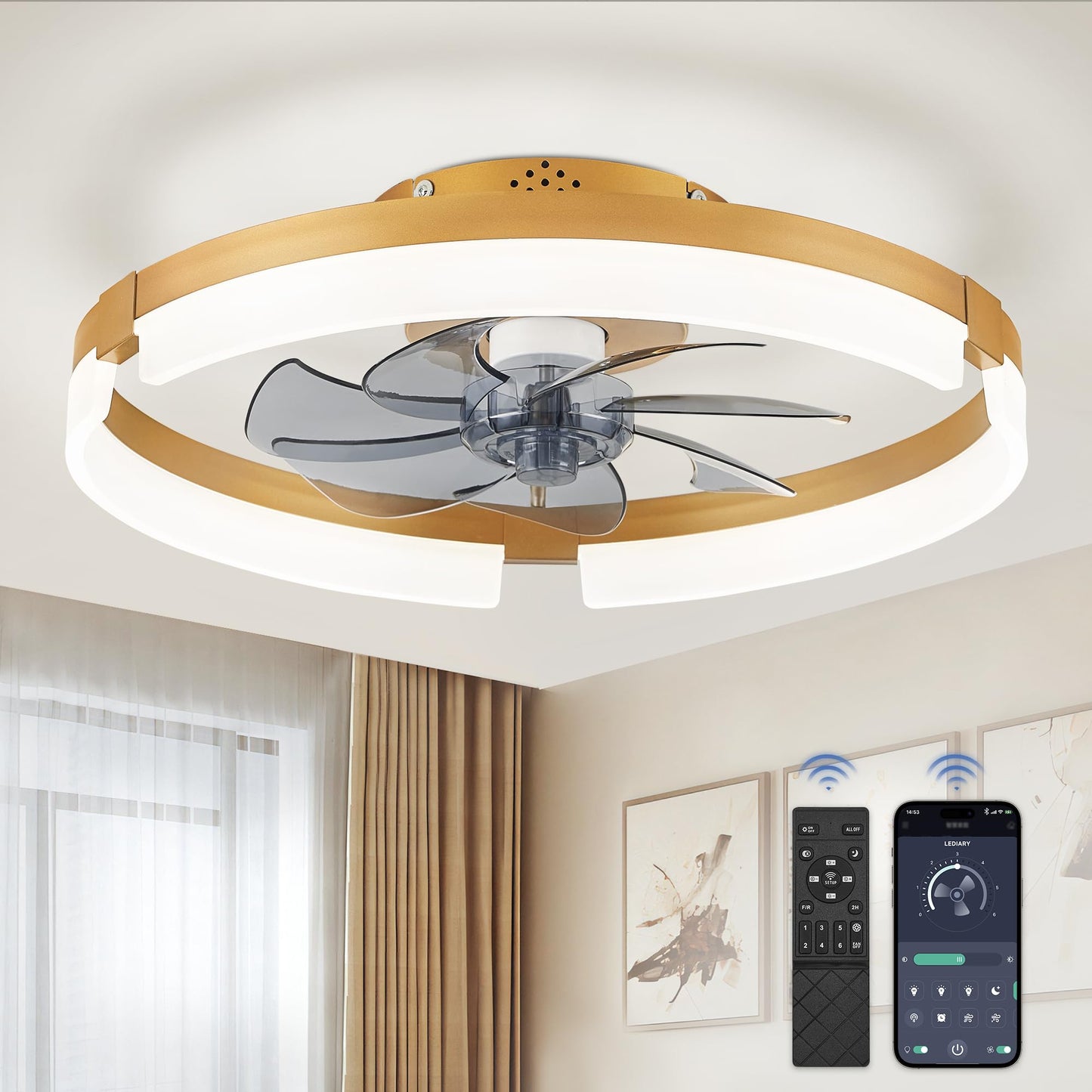 LEDIARY Ceiling Fans with Lights and Remote, 19.7 Inch Low Profile Ceiling Fan, 6 Speeds, Reversible, Dimmable Flush Mount Fan Light,Modern Ceiling Fan with Light for Bedroom, Gold