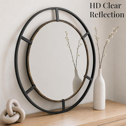 30-Inch Round Wall Mirror, Black & Antique Gold for Bathroom or Entryway - Variation: Black & Antique Gold+Round+30"L x 30"W
