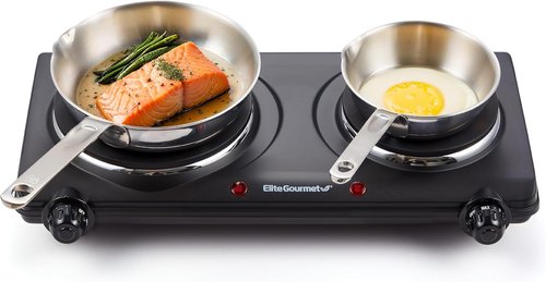 Elite Gourmet Double Cast Iron Burner - 1500 Watts Electric Hot Plate with Temperature Control | Black