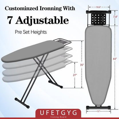 UFETGYG Ironing Board,13" X 43" W/with Iron Rest | Full Metal Construction| Height Adjustable | Heat & Scorch Resistant Fabric | Heavy Duty| Easy to Fold | Anti-Skid Feet |Grey