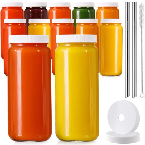 12 PACK, 16 OZ Glass Juice Bottles with Airtight Lids, Bonus 2 Straws & Perforated Lids, Reusable Juicer, Juicing Bottles - Clear Drinking Jars Cups, Water Bottle, Travel Juice Container, White Caps