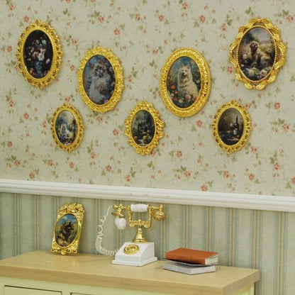 iLAND 1/12 Scale Dollhouse Accessories - 7 Miniature Frames with 14 Pictures | Classic Golden Décor