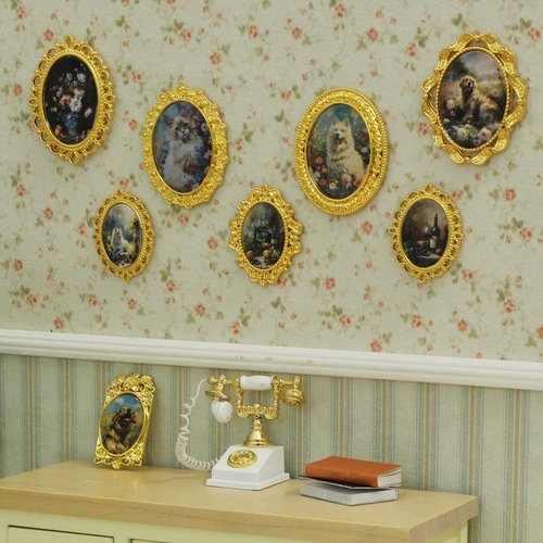 iLAND 1/12 Scale Dollhouse Accessories - 7 Miniature Frames with 14 Pictures | Classic Golden Décor