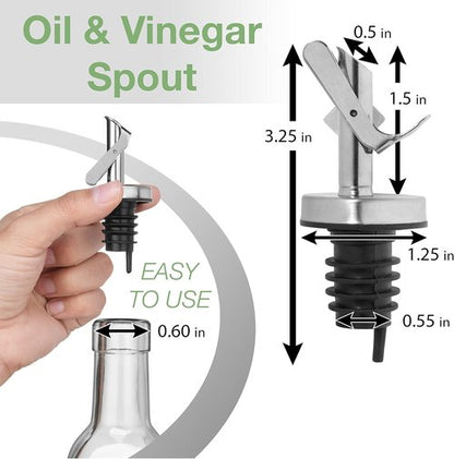 GREENOLIVE Replacement Oil Dispenser Spout for .6” Bottle Opening - Pourer Dimensions 3.25”H x 1.25”L x 1.25”W - Stainless Steel Automatic Closure Keeps Oil Fresh (Set of 2)