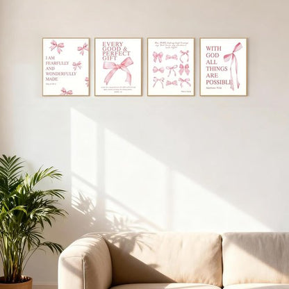 Coquette Pink Bow Wall Art - Set of 4 Inspirational Canvas Prints | 10x8 Inch Unframed Decor for Teens
