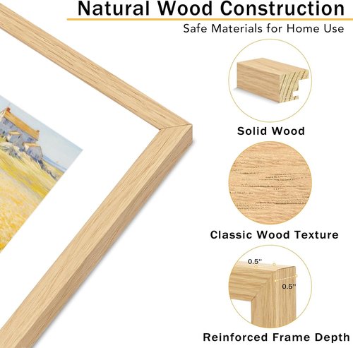 JCJMY 5x7 Solid Wood Picture Frame Set - Display 4x6 with Mat or 5x7 Without Mat, Natural Finish, 2 Pack