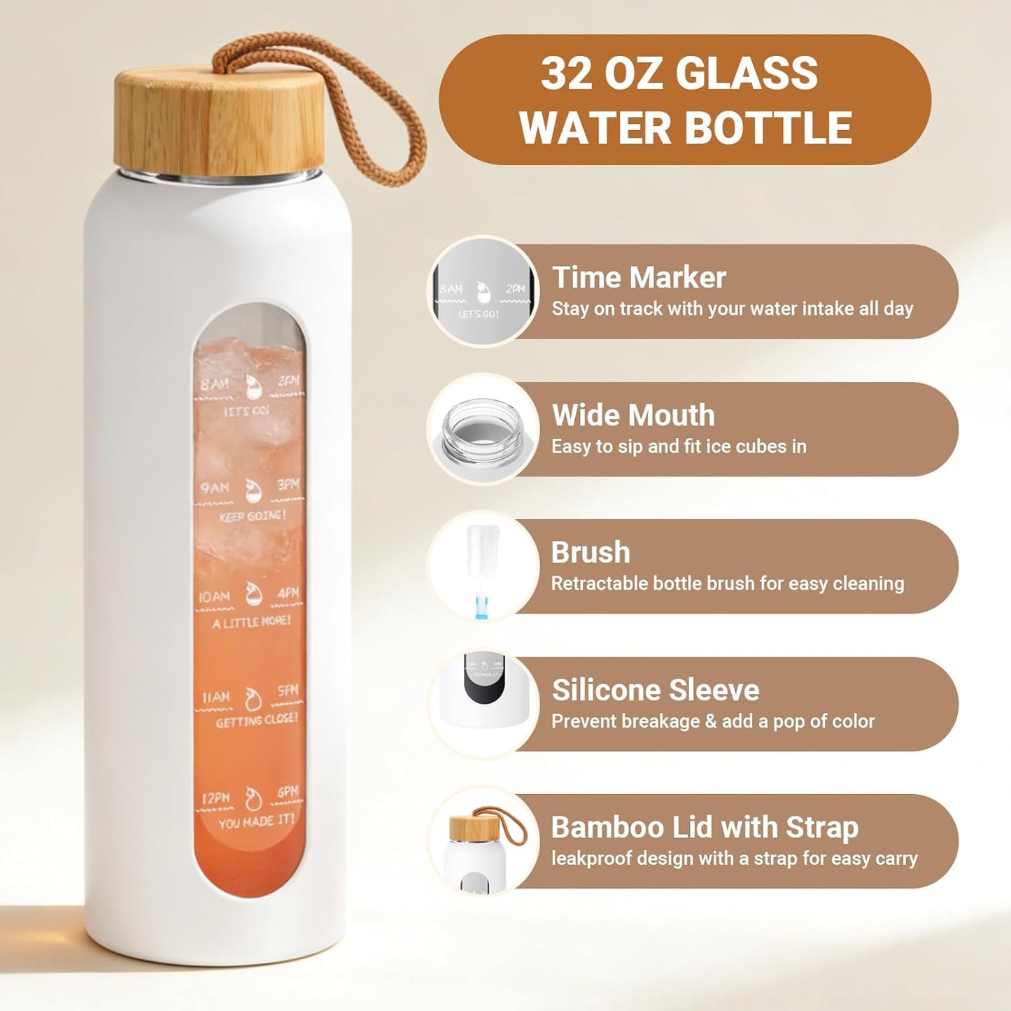 Sursip 32 Oz Glass Water Bottle - BPA-Free, Motivational Time Marker, Leak-Proof Design with Bamboo Lid