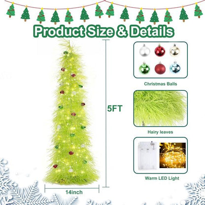 BrilliantJo 5ft Christmas Tree - Collapsible Design with Lights & Ornaments | Green Tinsel Decor