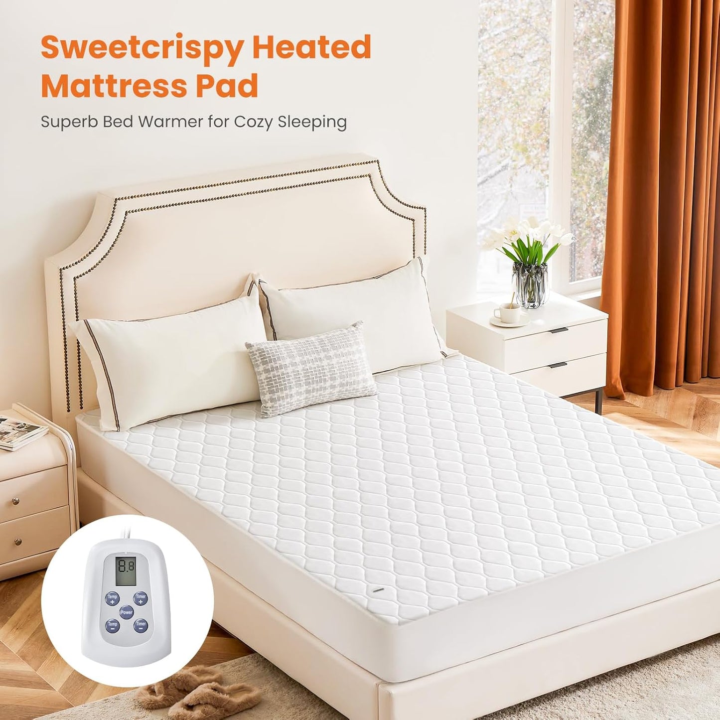 Sweetcrispy Heated Mattress Pad - Twin Size (75×39″) | Quilted Electric Bed Warmer with 12 Heat Settings & Auto Shut-Off - White