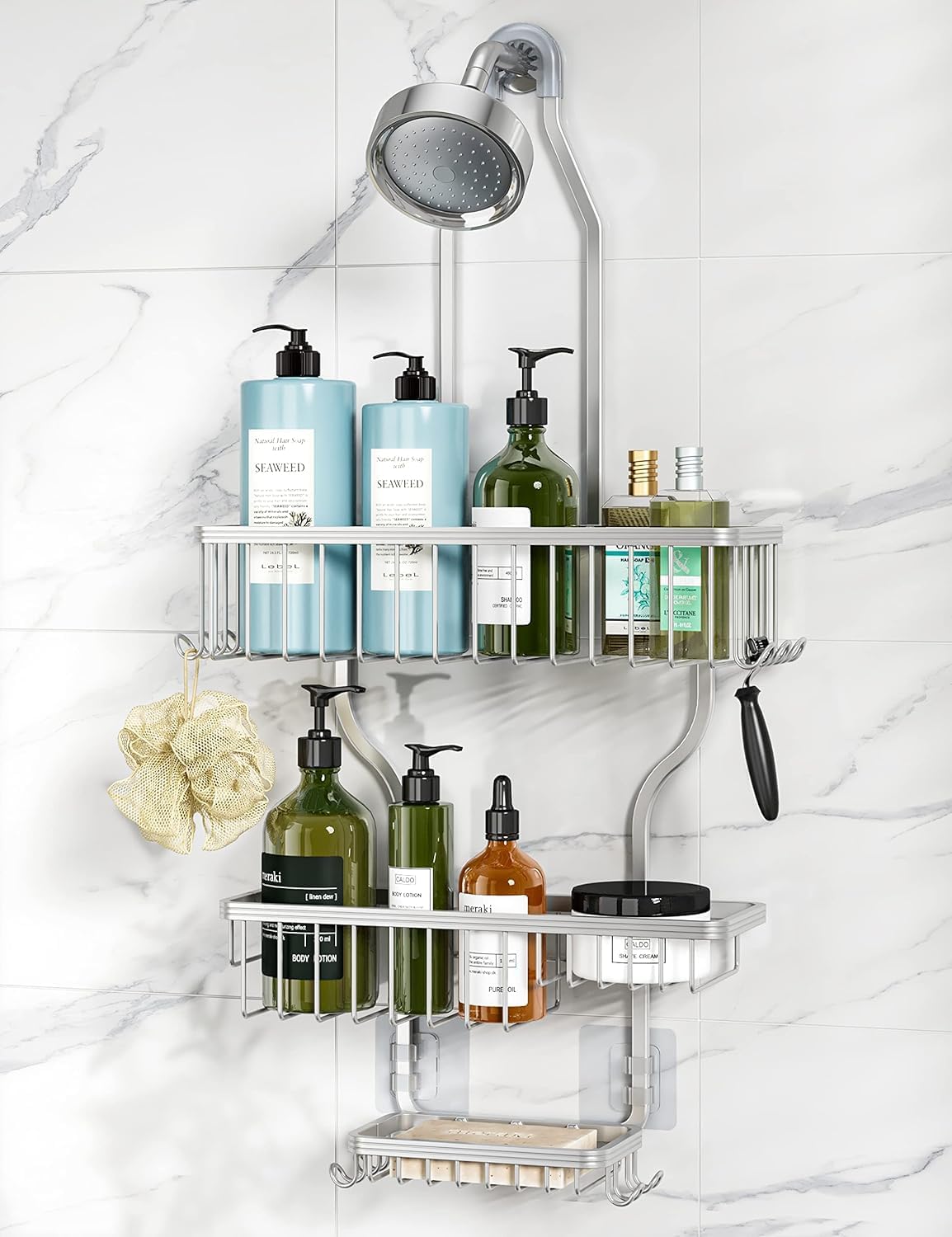 YASONIC Shower Caddy - Rust-Proof Aluminum Organizer with 10 Hooks & Soap Basket - Silver