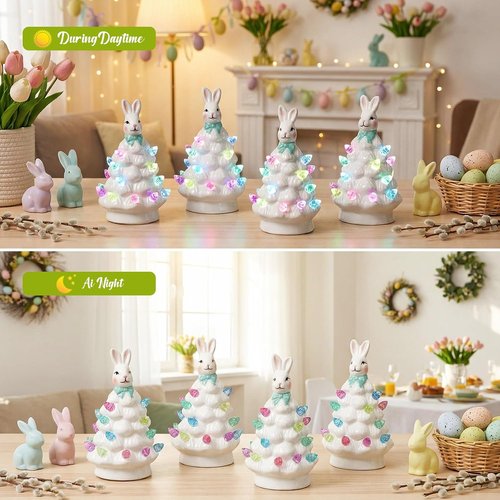 Leinuosen Mini 4-Inch Easter Bunny Ceramic Tabletop Tree - LED Lights & Hand-Painted Ornaments