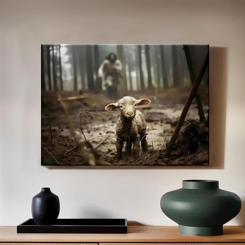 Framed Jesus Christ Wall Art - Canvas Painting of Jesus and Lamb | Biblical Decor 12" x 16"