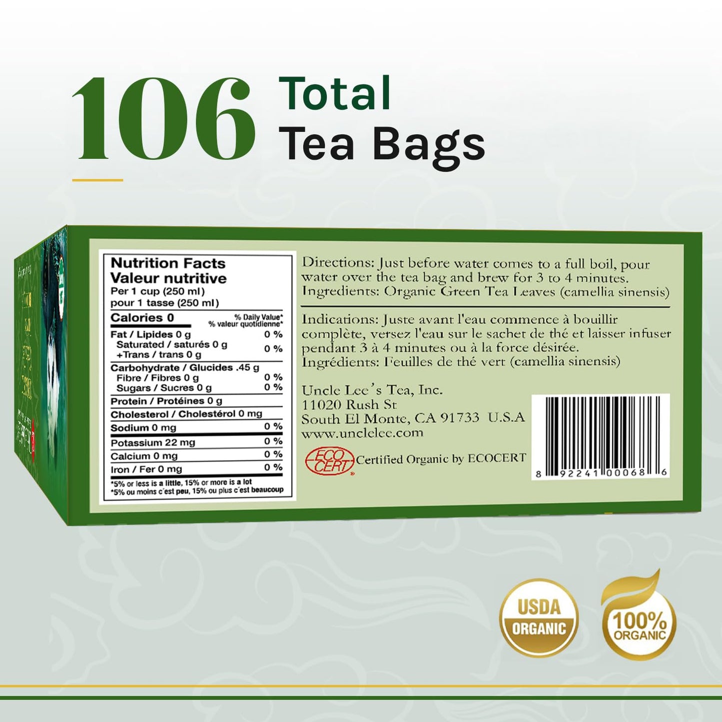 Uncle Lee's Organic Green Tea Bags, 106-Count Super Pack – Bright & Refreshing, Lightly Caffeinated Bulk Tea for Home, Office, Camping