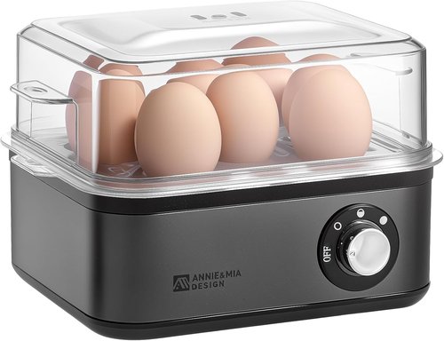 Annie & Mia Design Stainless Steel Electric Egg Cooker - 8 Egg Capacity, Auto Shut-Off, Recipe Guide (Black)