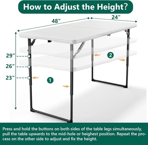 Folding Table - Heavy Duty 4ft Fold-in-Half Plastic Table with Adjustable Height | Portable for Indoor & Outdoor Use (White)