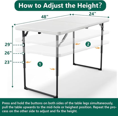 Folding Table - Heavy Duty 4ft Fold-in-Half Plastic Table with Adjustable Height | Portable for Indoor & Outdoor Use (White)