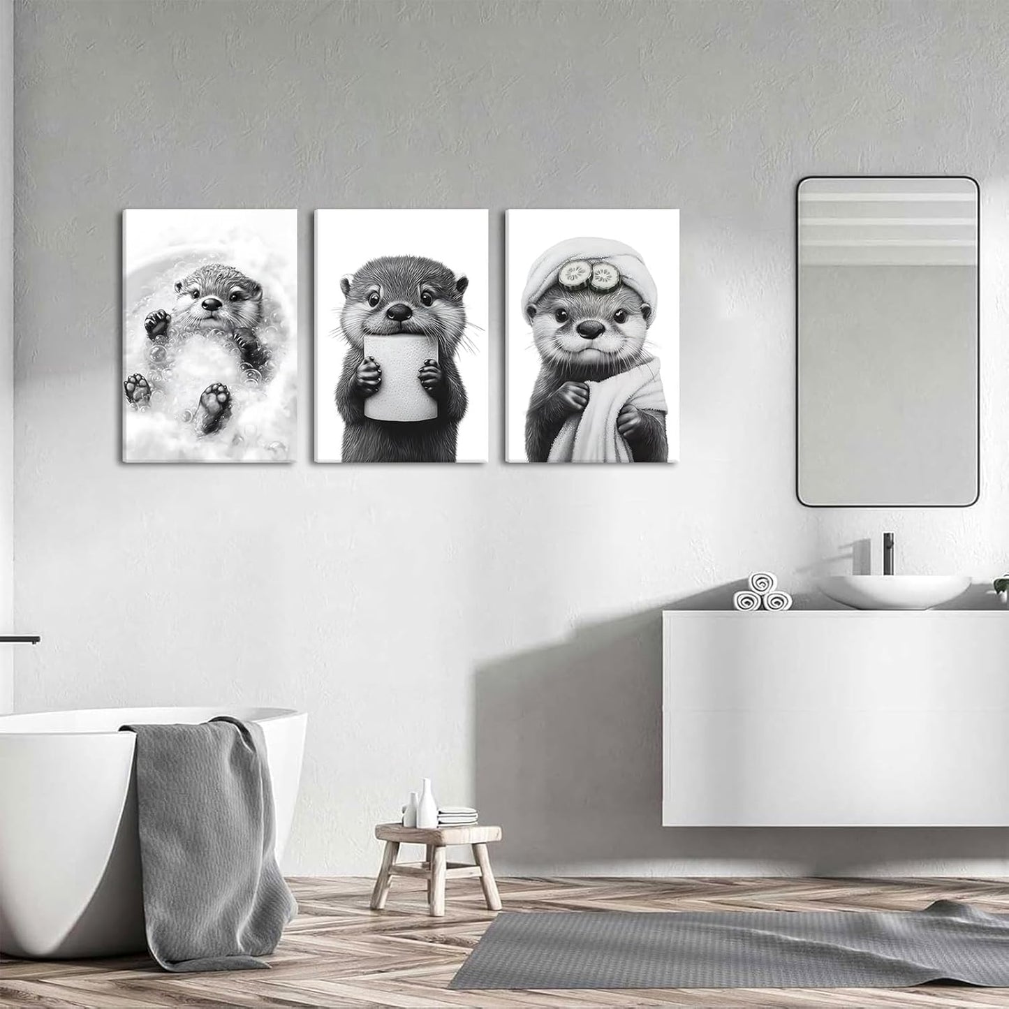 Skiennix Cute Otter Canvas Wall Art - Funny Black and White Bathroom Decor | 3-Piece Set