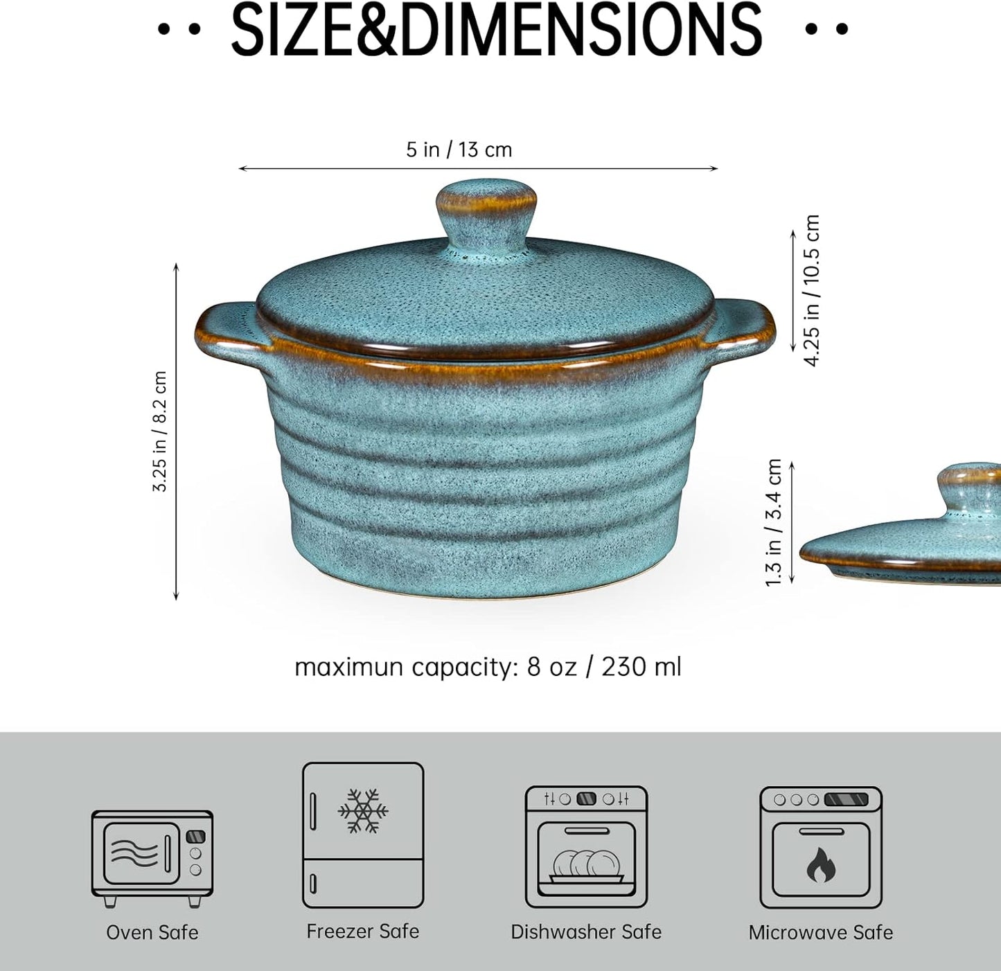 Regine Switzerland 8 oz Creme Brulee Ramekins - Oven Safe Mini Casserole Dishes Set of 4 in Reactive Blue