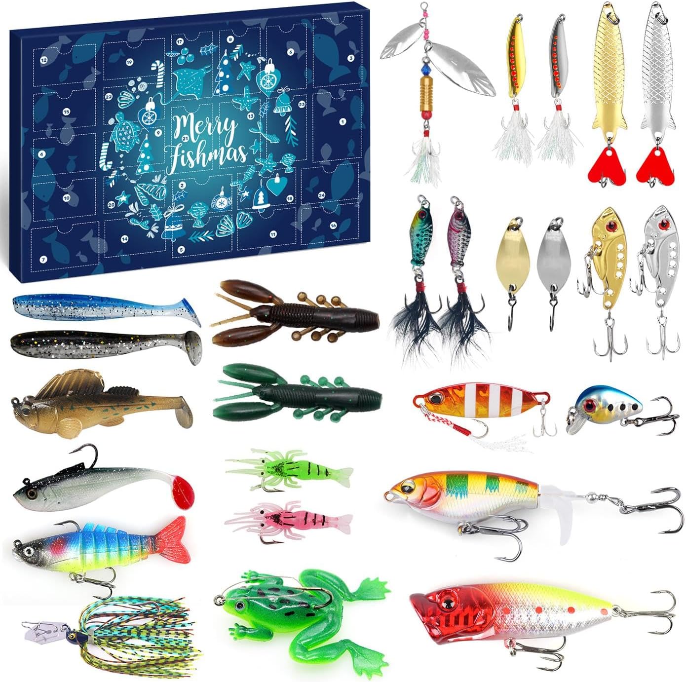 MOVINPE Fishing Advent Calendar - 24 Days of Topwater Lures & Spoons for Men and Teens | Perfect Christmas Gift