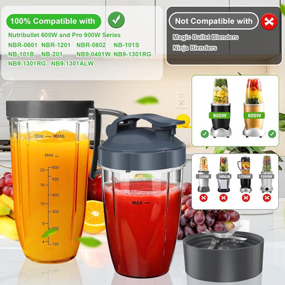 Nutribullet Replacement Blender Cups Set - 32oz & 24oz with To-Go Lid & Lip Ring | 6-Piece Accessory Kit