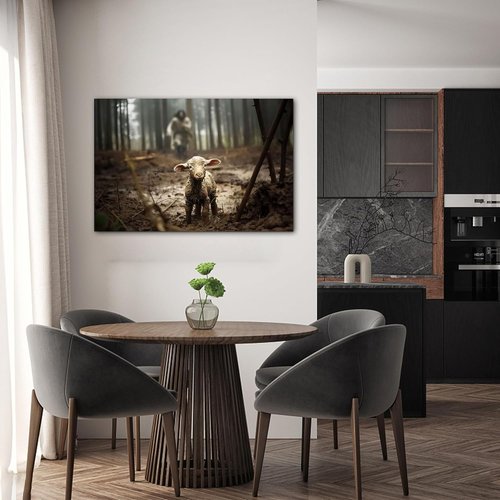 Jesus & Lamb Canvas Wall Art - Modern Christian Decor | Framed 24x36 Inches Picture for Home
