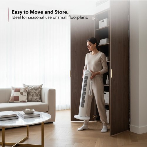 OVENTE 32" Tower Fan for Bedroom, Portable Stand Fan with 90° Oscillation, Adjustable Speed, Compact and Slim Manual Bladeless Indoor Fan Ideal for Cooling Home with Kids or Office, White TFO3SW