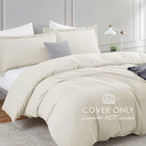 Hearth & Harbor Queen Duvet Cover Set - Soft Off White 3-Piece Bedding with Button Closure | 90x90 Inches
