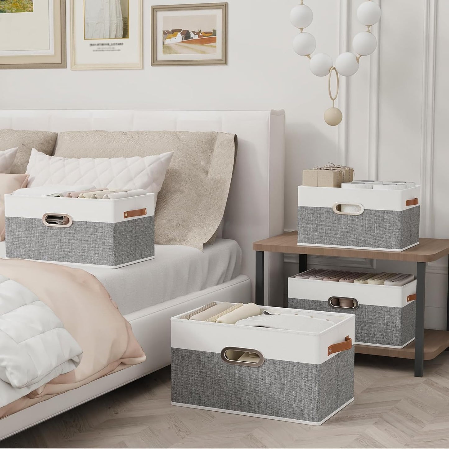 Yawinhe Fabric Storage Baskets - Foldable Closet Organizer with 3 Handles | Large Canvas Bins, White/Grey, 4-Pack (12.99''L x 9.05''W x 7.87''H)