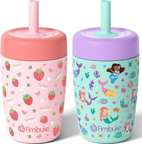 Fimibuke Kids Spill-Proof Sippy Cups - 12 OZ Insulated Stainless Steel Tumbler Set | BPA-Free, 2 Pack