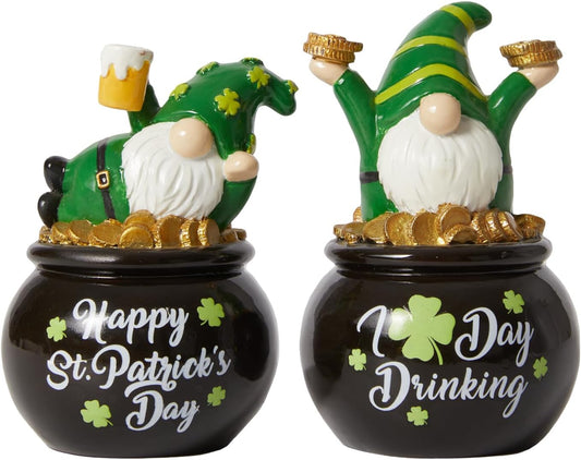 WDS WONDROUS St. Patrick's Day Gnome Figurines - Lucky Pot of Gold Decor | 2-Piece Green Resin Set