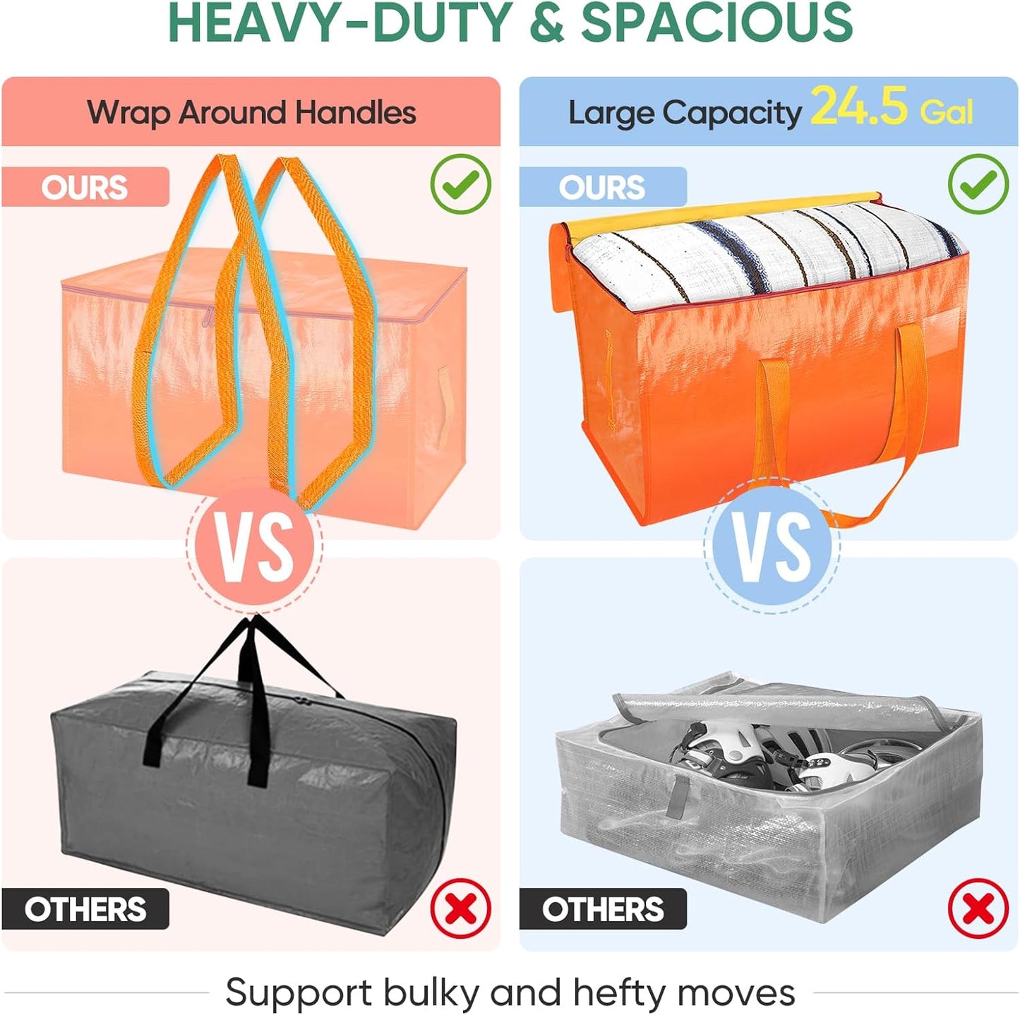 BALEINE 8-Pack Heavy-Duty Moving Bags - Oversized Storage Totes with Reinforced Handles (Orange)