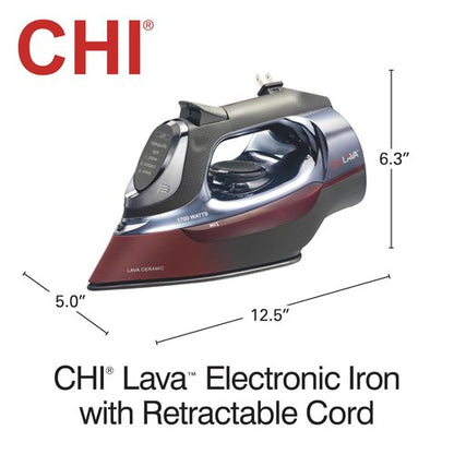 CHI Steam Iron for Clothes with 8' Retractable Cord, 1700 Watts, 3-Way Auto Shutoff, 400+ Holes, Professional Grade, Temperature Control Dial, Lava Infused Ceramic Soleplate, Black and Red (13113)