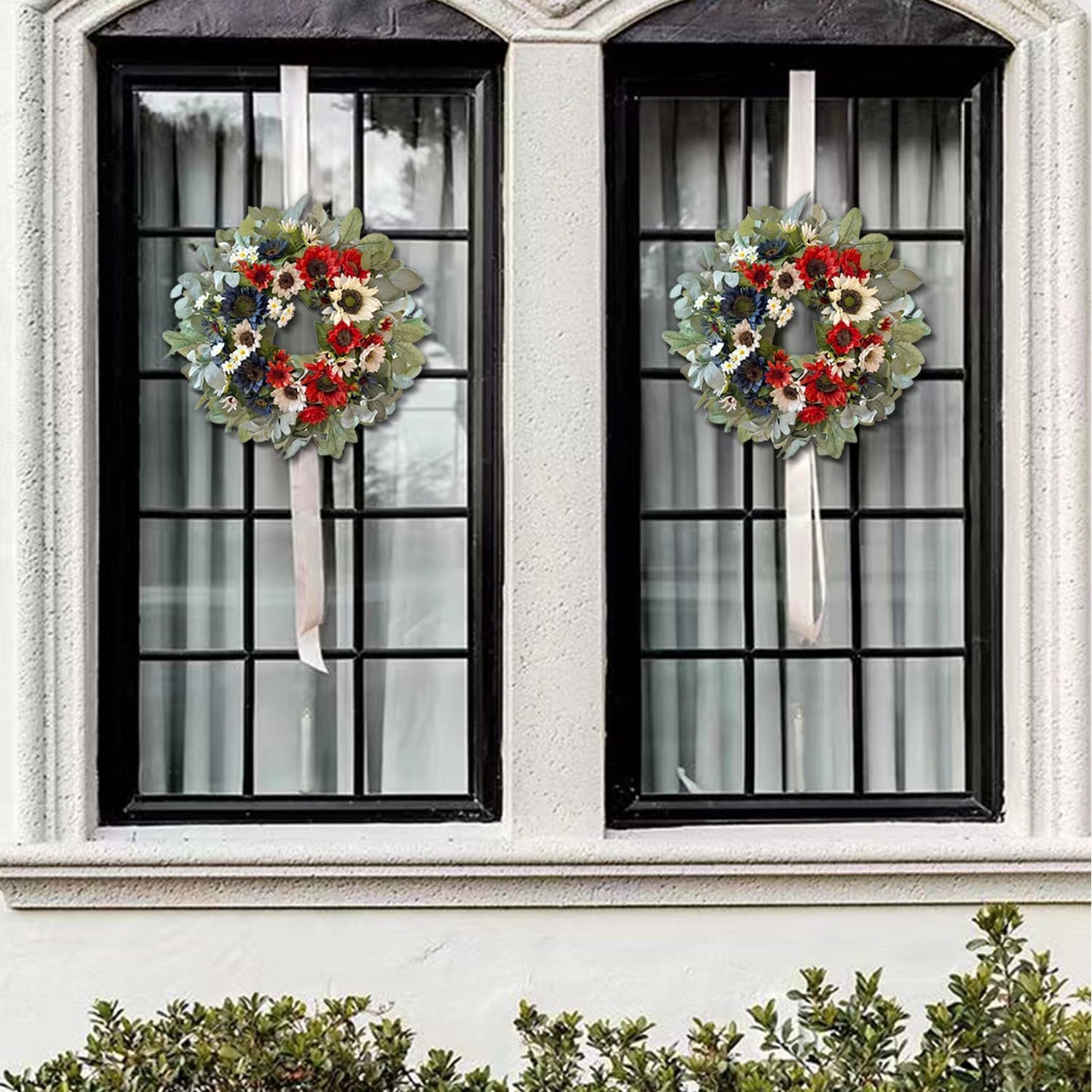 WANNA-CUL 24-Inch Patriotic Sunflower Wreath - Red, White & Blue 4th of July Door Decor