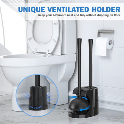 Toilet Plunger and Brush with Holder, Bowl Brush and Heavy Duty Toilet Plunger Set for 5.7-inch Toilet Drain, 2-in-1 Bathroom Cleaning Combo with Modern Caddy Stand (Black)
