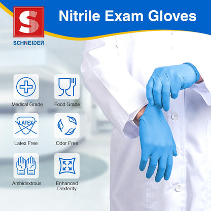 Schneider Nitrile Exam Gloves - S, 100-ct Box, Medical Grade Blue Disposable Gloves Latex Free, Rubber Glove for Cleaning, Cooking, Food Prep