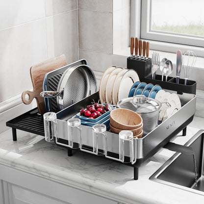 SUNLY Large Dish Drying Rack - Expandable 304 Stainless Steel Kitchen Drainer | Space-Saving Black Design
