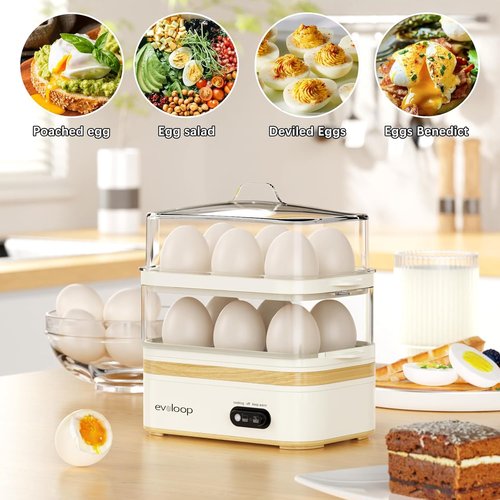 Evoloop Electric Egg Cooker - Rapid 12-Egg Capacity for Soft, Medium, Hard Boiled & Poached Eggs | BPA-Free White Tray