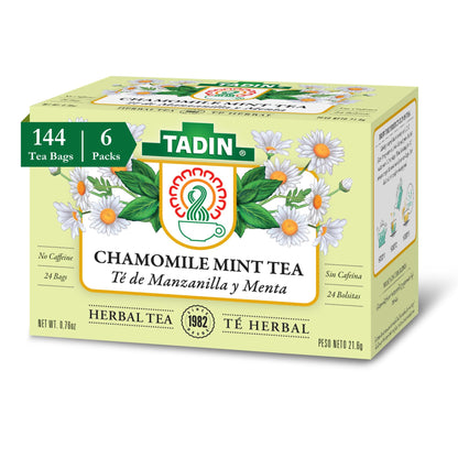 Tadin Chamomile & Mint Tea, Herbal Tea, Tea Bags Individually Wrapped, Caffeine Free Tea, 24 Tea Bags Per Box, Pack of 6