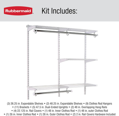 Rubbermaid Configurations Custom Closet Kit - Adjustable 4-8 Ft. Metal Wire Shelving | White Finish for Home Organization
