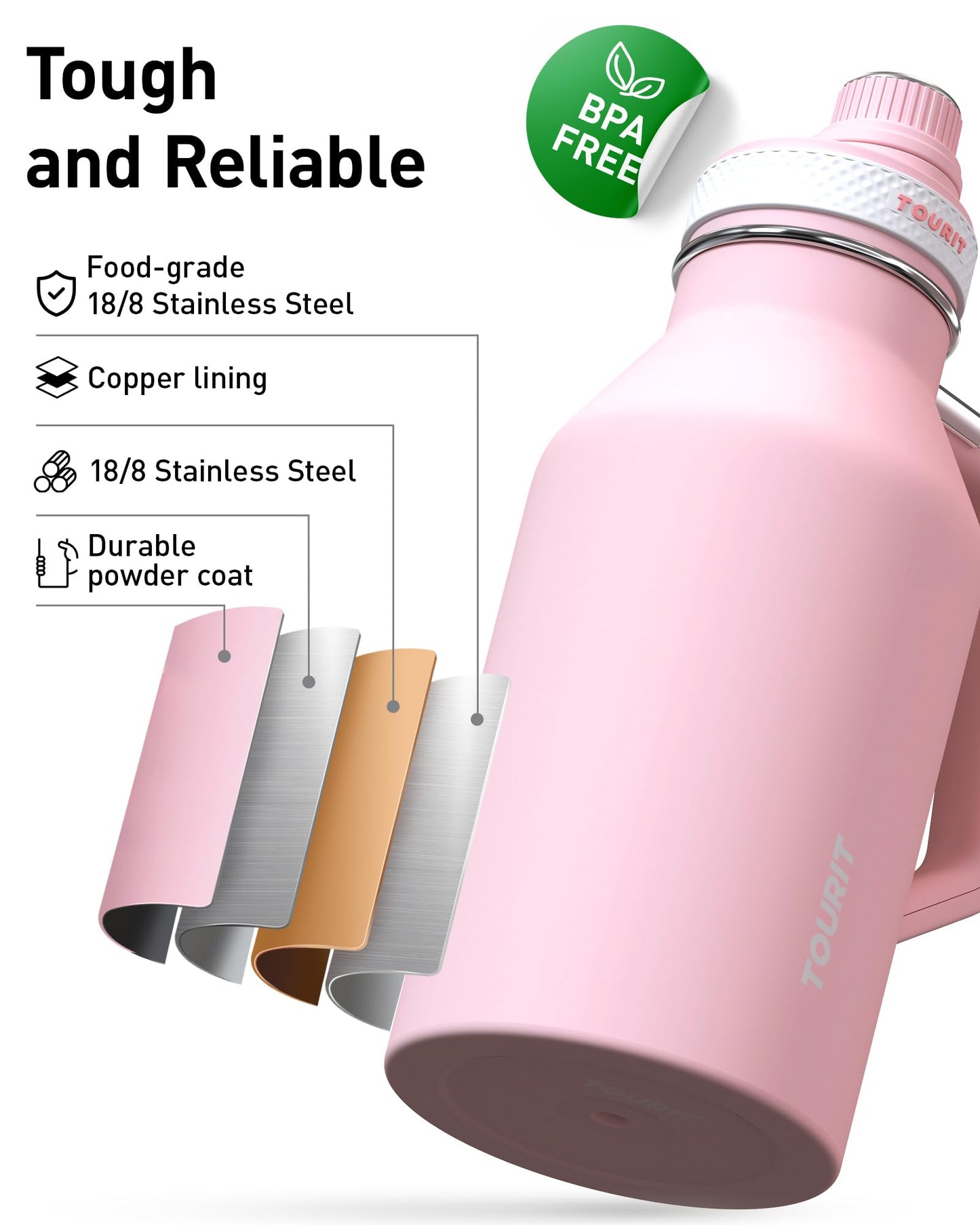 TOURIT 64oz Insulated Water Bottle Stainless Steel, Half Gallon Large Water Jug with 2-in-1 Handle, Double Wall Vacuum Metal Keep Hot & Cold, Wide Mouth Sport Water Flask For Gym, Travel, Pink