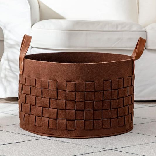 BOLDMONKEY Laundry Basket - Large Felt Fabric Hamper with Leather Handle | 20" x 20" x 11.8" - Brown