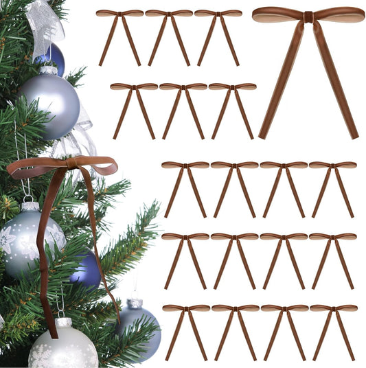 Velvet Christmas Tree Bows by 24 Pack - Vintage Ribbon Ornaments for Indoor Decor | 5 x 7 Inch, Camel