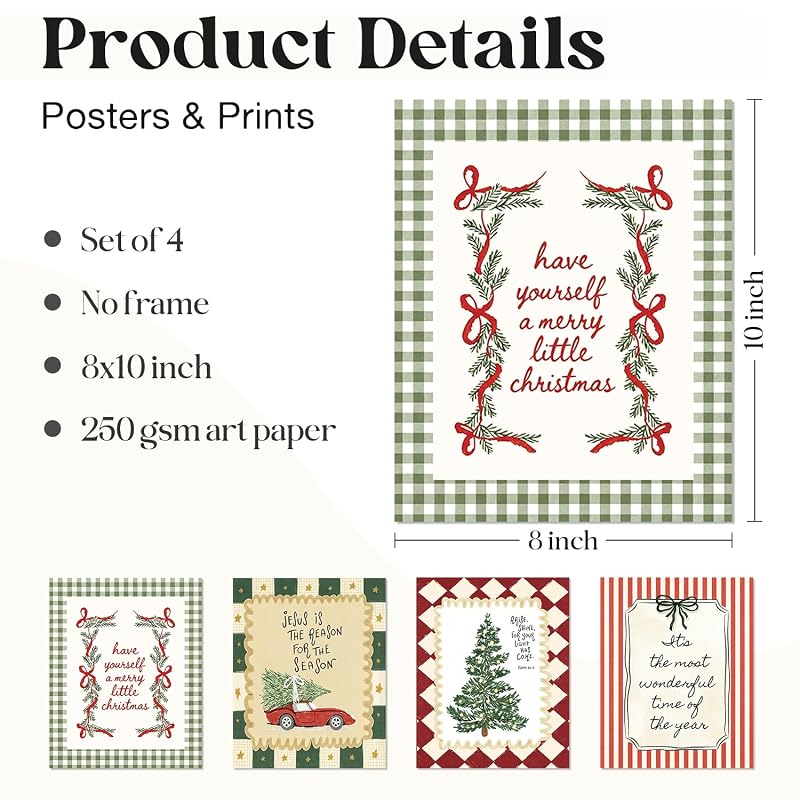 Christmas Wall Art Set - 4 Prints 8x10 in, Includes Christmas Tree1 Variation