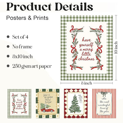 Christmas Wall Art Set - 4 Prints 8x10 in, Includes Christmas Tree1 Variation