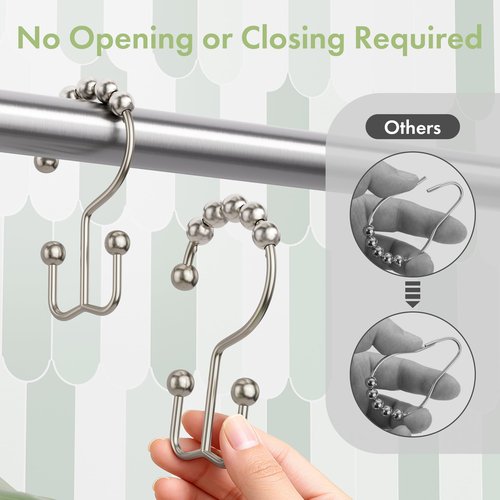 Amazer Shower Curtain Hooks, 12PCS Rust-Resistant Metal Double Shower Curtain Rings for Curtain Rolling Shower Hooks, Shower Rings for Bathroom Shower Curtain Rod, Nickel