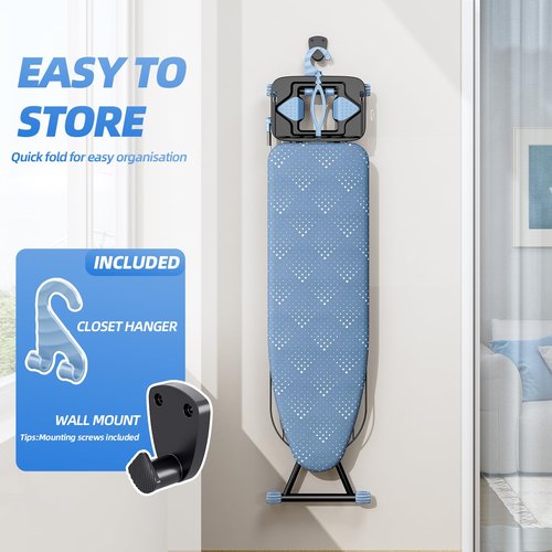 KINGBOARD Ironing Board, Compact Iron Board Full Size with Extra Thick Cover, 7 Adjustable Heights Stand with Hanger and Iron Rest, Large Heavy Duty Ironing Board with Storage Tray, 13x43 Blue